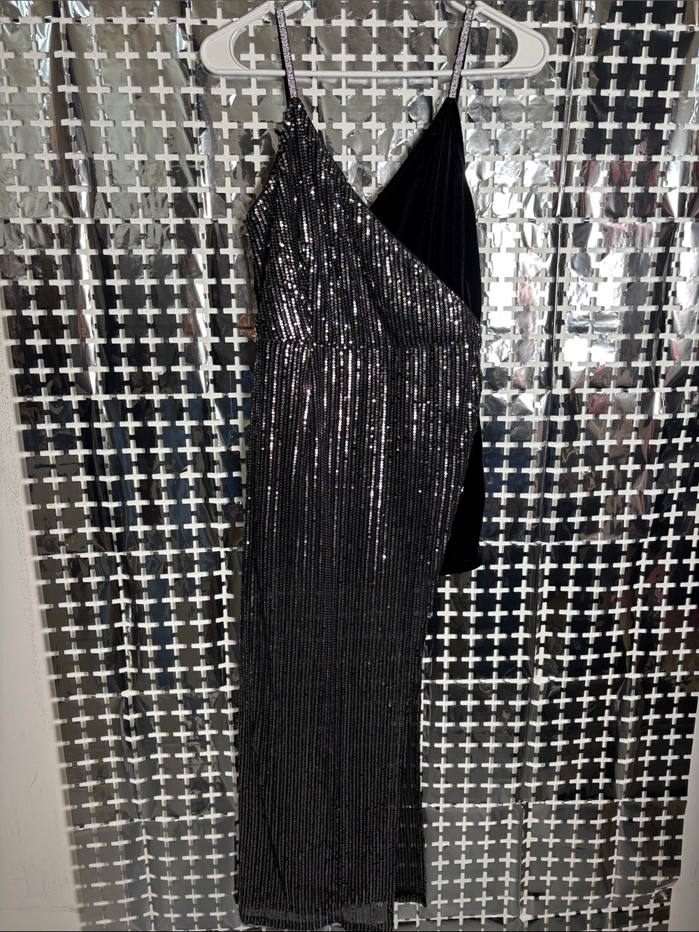 Black Sequin Wrap-Front Maxi Dress with Slim Straps